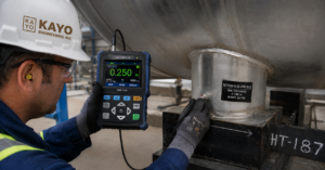 echnician performing ultrasonic thickness testing on a CSA B620 highway tank