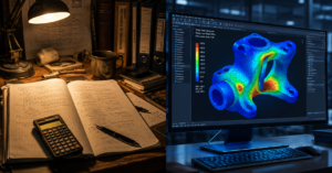 Aerospace bracket with FEA stress analysis showing red, orange, and blue stress distribution.