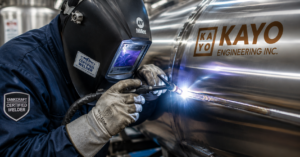 Certified welder performing DOT-compliant cargo tank welding and repair on a highway trailer.