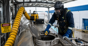 Technician performing a critical "gas-free" certification check on a cargo tank trailer before any hot work.