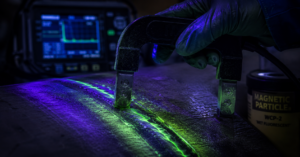 Wet Fluorescent Magnetic Particle Inspection (WFMT) revealing defects on a crucial cargo tank shell weld under UV light.